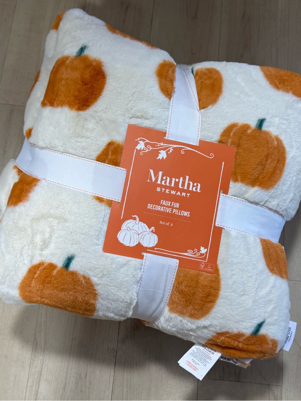 Martha Stewart Cream Faux Fur Decorative Pillow Set with Orange Pumpkin Motif